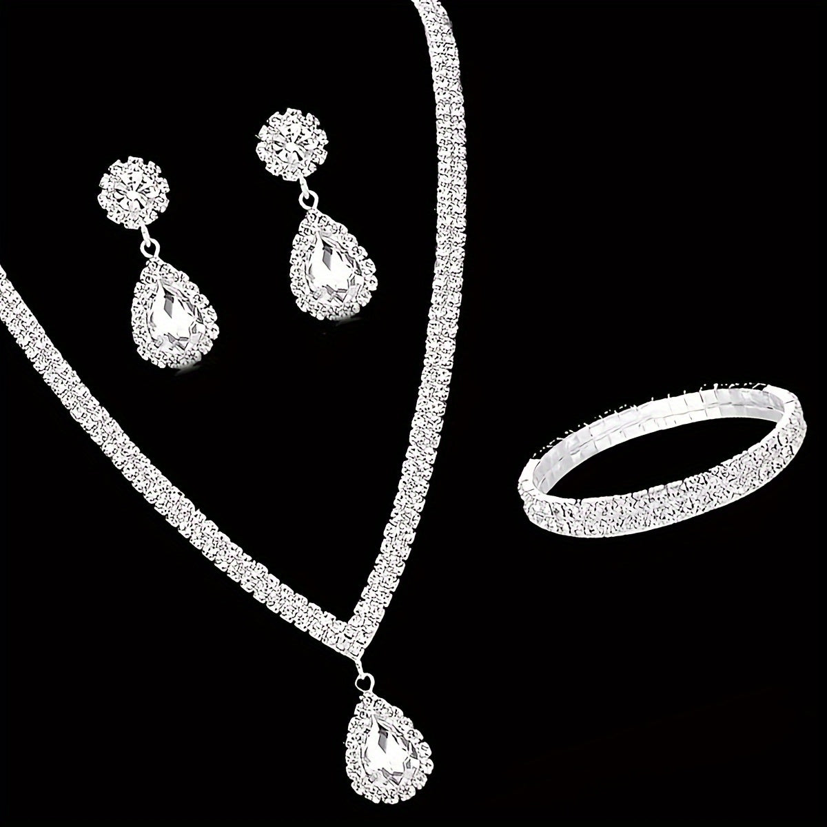 Silver Plated Copper Jewelry Set with Rhinestone Teardrop Earrings Necklace Bracelet for Women