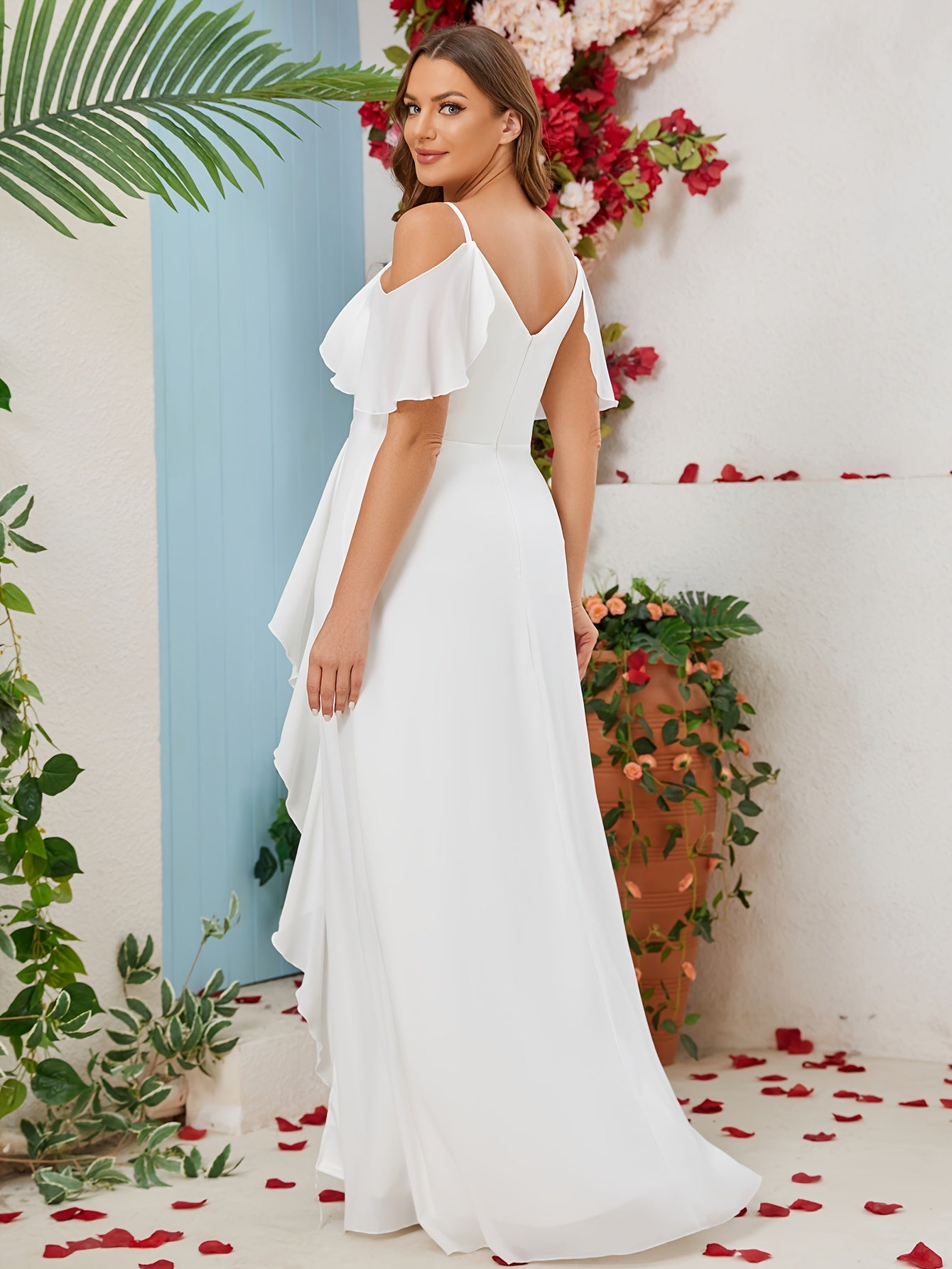 Plus Size Long Formal Wedding Dress Polyester V-Neck Floor-Length