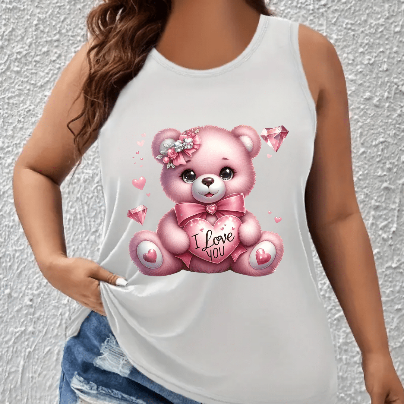 Women's Plus Size Cotton Blend Tank Top Cute Cartoon Bear Pink Sleeveless Shirt