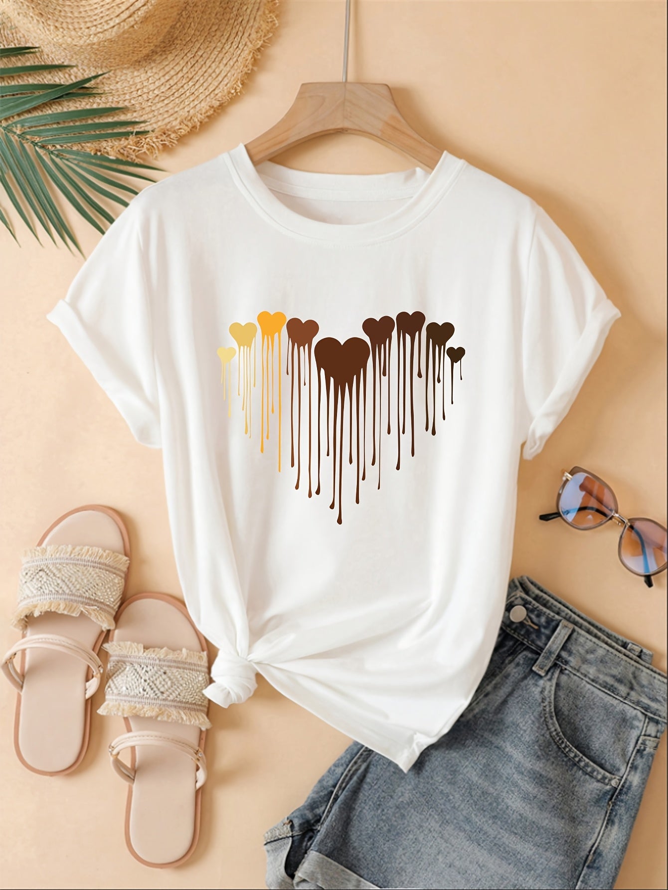 Women's Polyester Blend Crew Neck T-Shirt with Heart Print for All Seasons