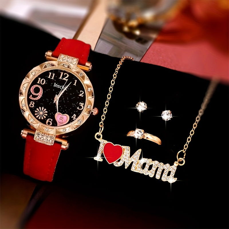 Women's Watch and Jewelry Set for Mother's Day with Rhinestone Accents
