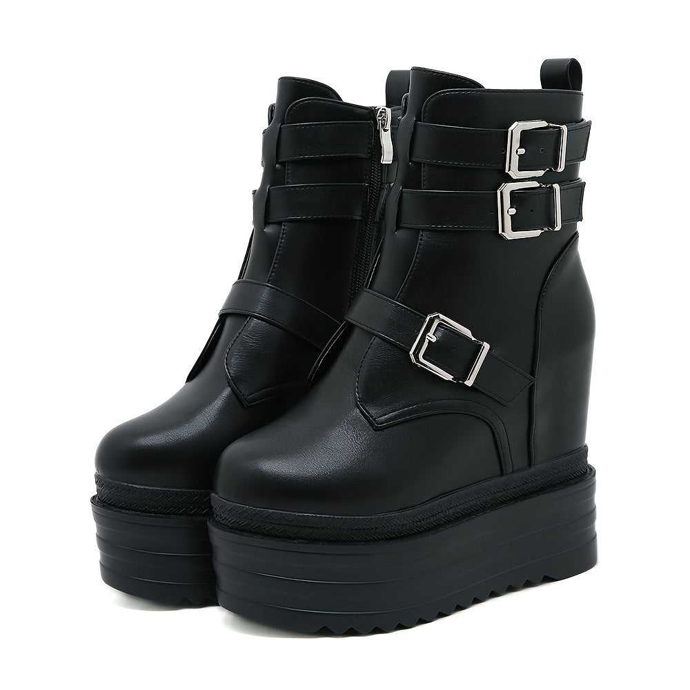 Women's Punk-Inspired Platform Ankle Boots with Buckle Zipper Black White
