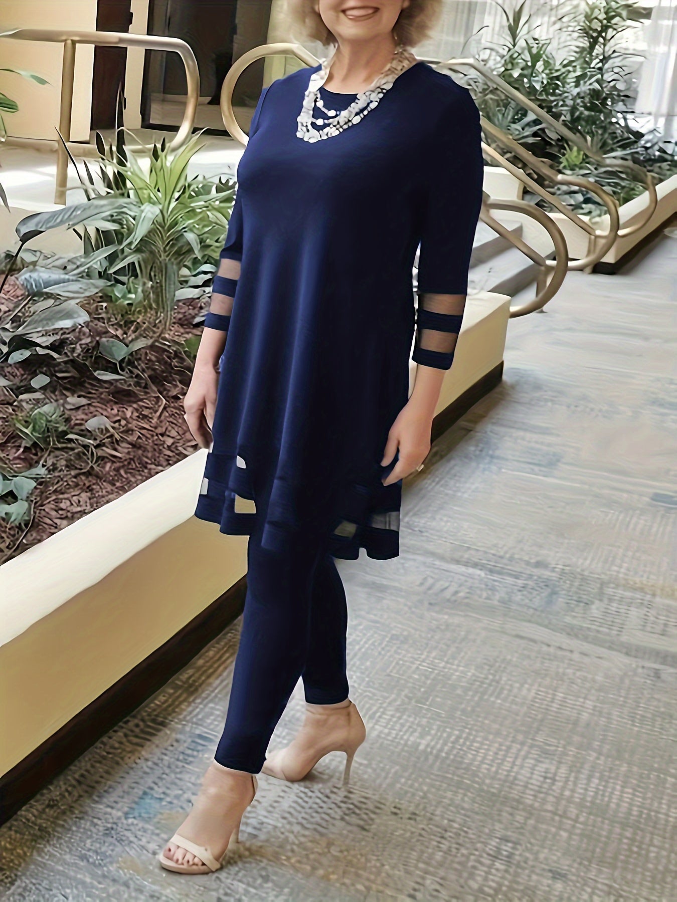 Katta o'lchamdagi mesh ikki qismli to'plam, crew neck bluzka va shimlar, ayollar uchun katta o'lchamdagi kiyimlar