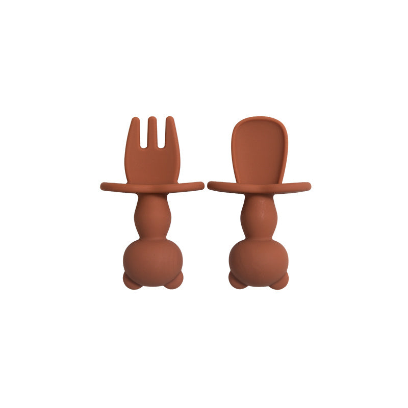 Juego de alimentación para bebé de 2 piezas, tenedor y cuchara de silicona Panda, suave, libre de BPA, vajilla para niños pequeños