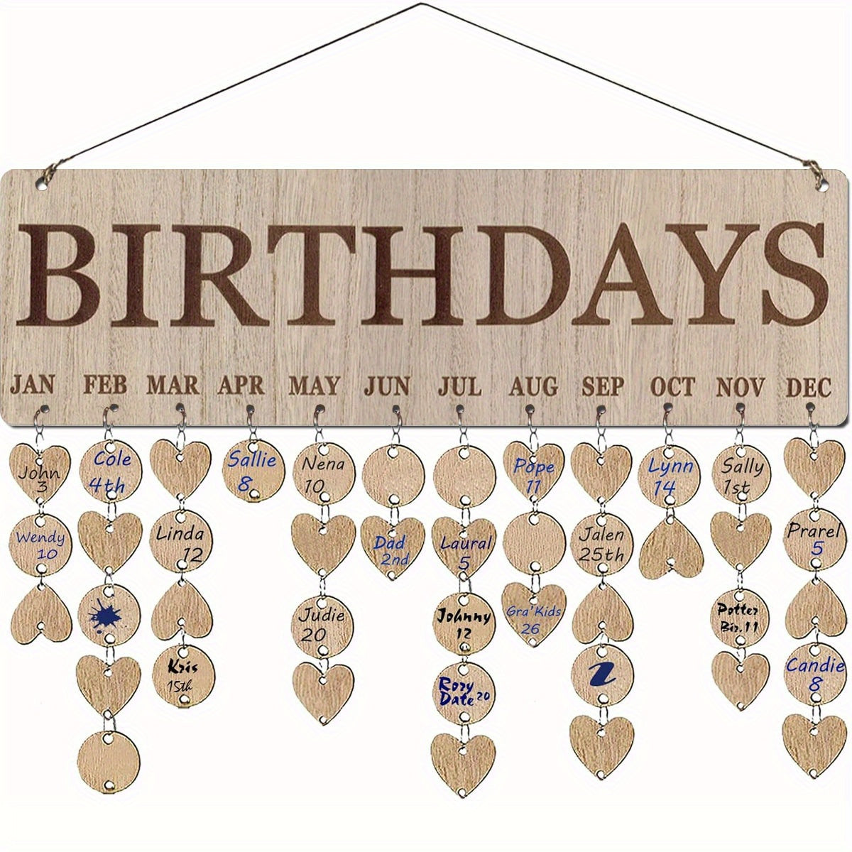 Recordatorio de calendario de cumpleaños de madera con etiquetas personalizadas para hogar, aula u oficina