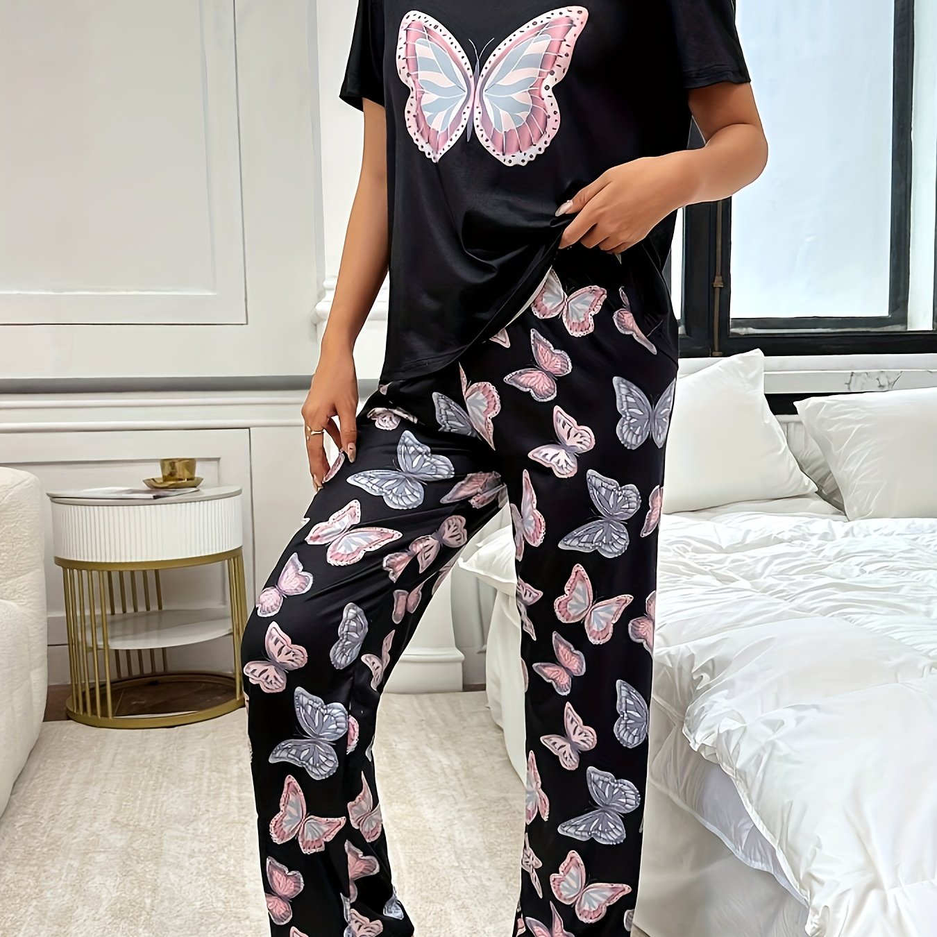 Women's Butterfly Print Pajama Set Polyester Knit All-Season Sleepwear with Crew Neck Top and Long Pants