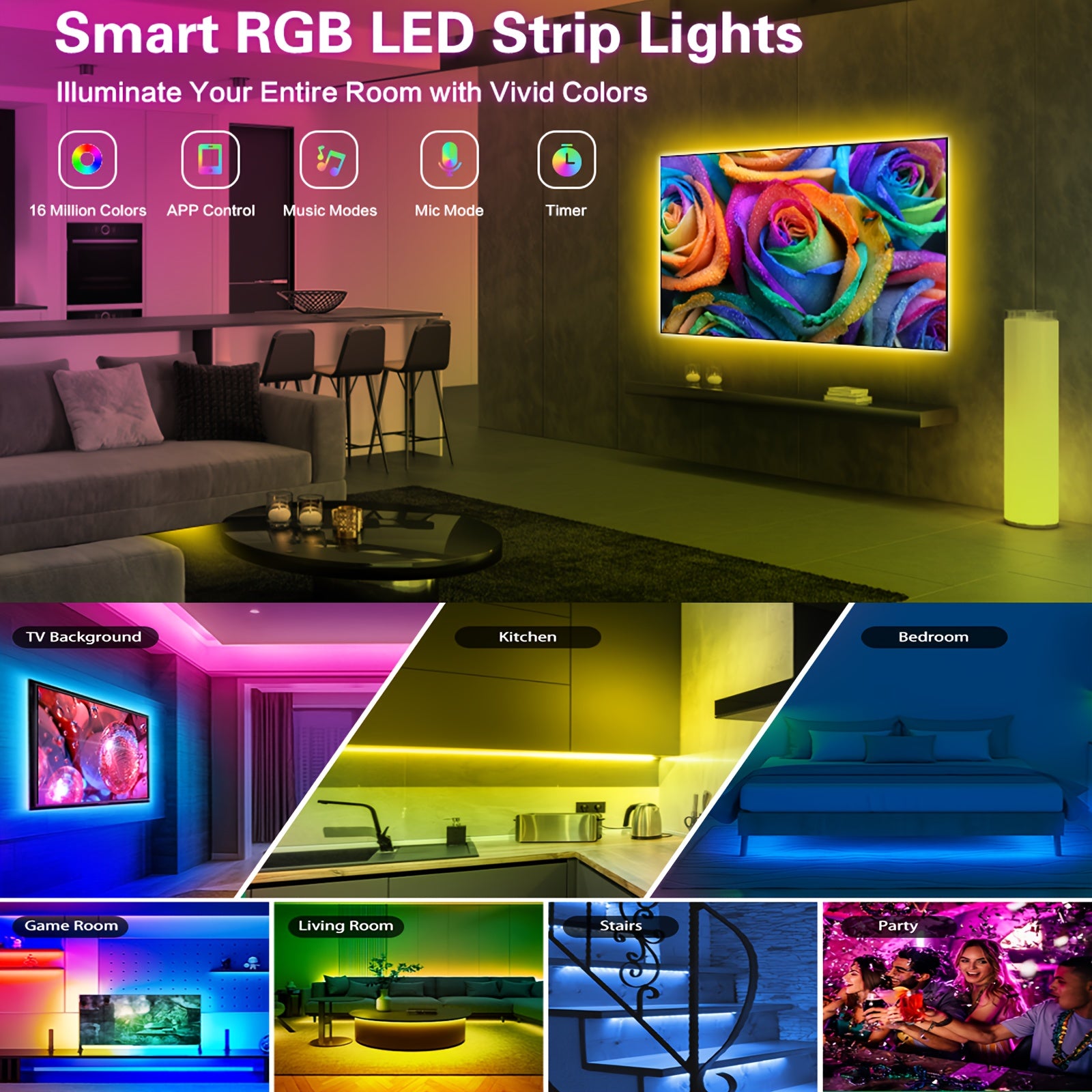 LED RGB Strip Lights 91cm-30m with Remote and App Control for Bedroom Home Decoration