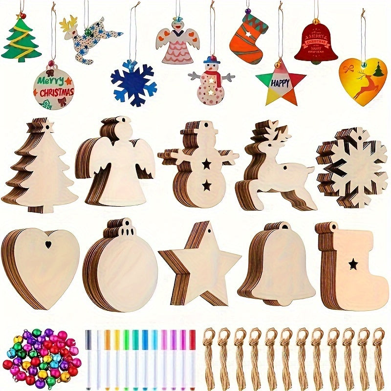 Wooden Christmas Decorations Set with Signs Bells and Ropes for DIY Home Decor