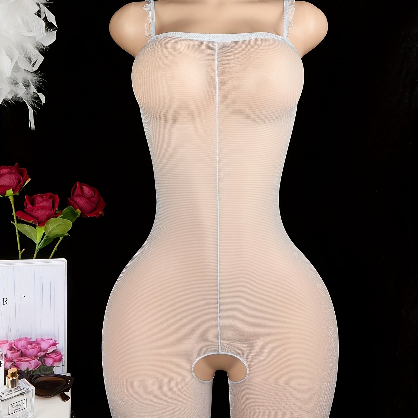 Women's Gray Sheer Bodysuit with Glittery Halter Neck and Open Crotch Lingerie