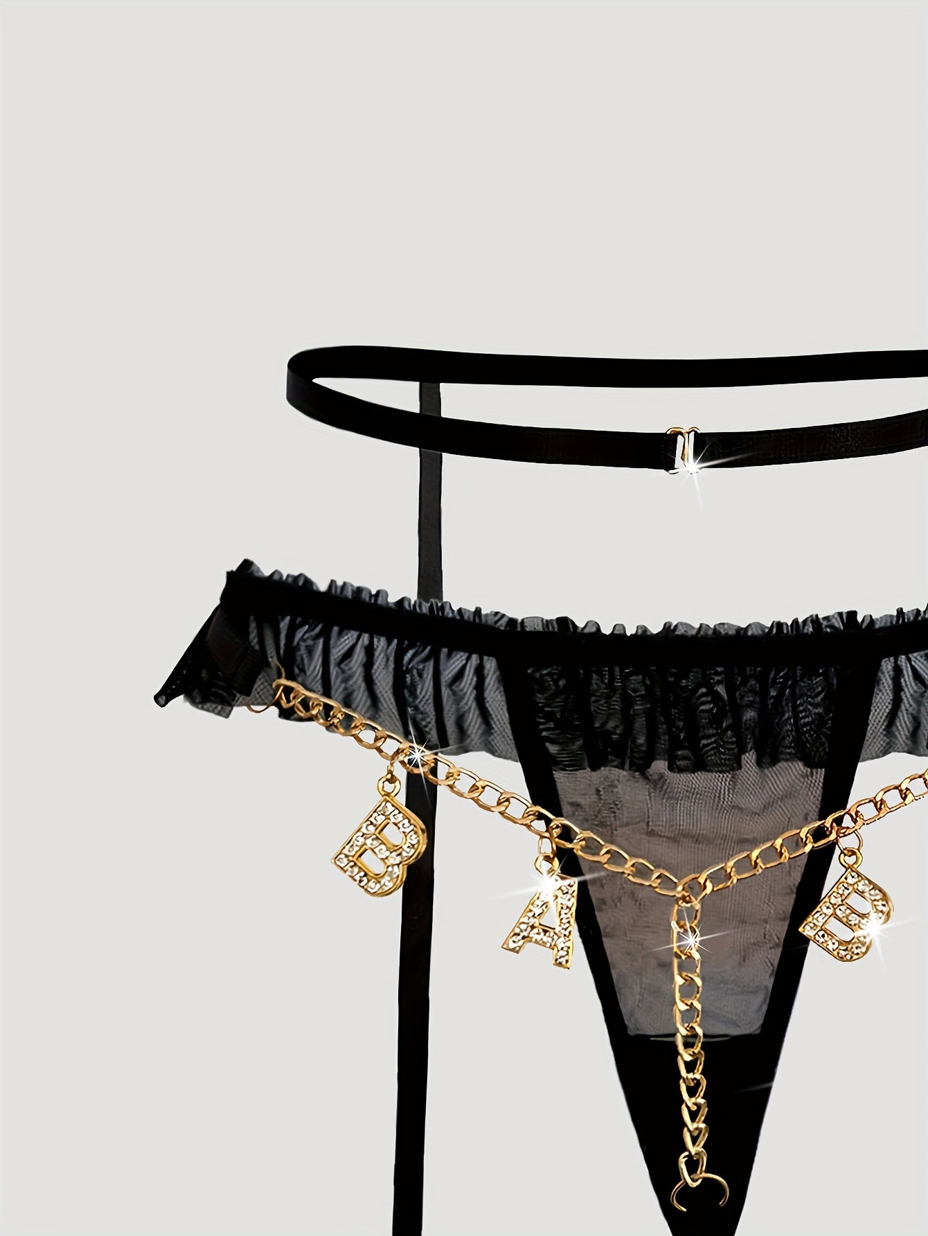 Women's Mesh Garter Set with Gold Chain Bow and Letter T-Back Lingerie