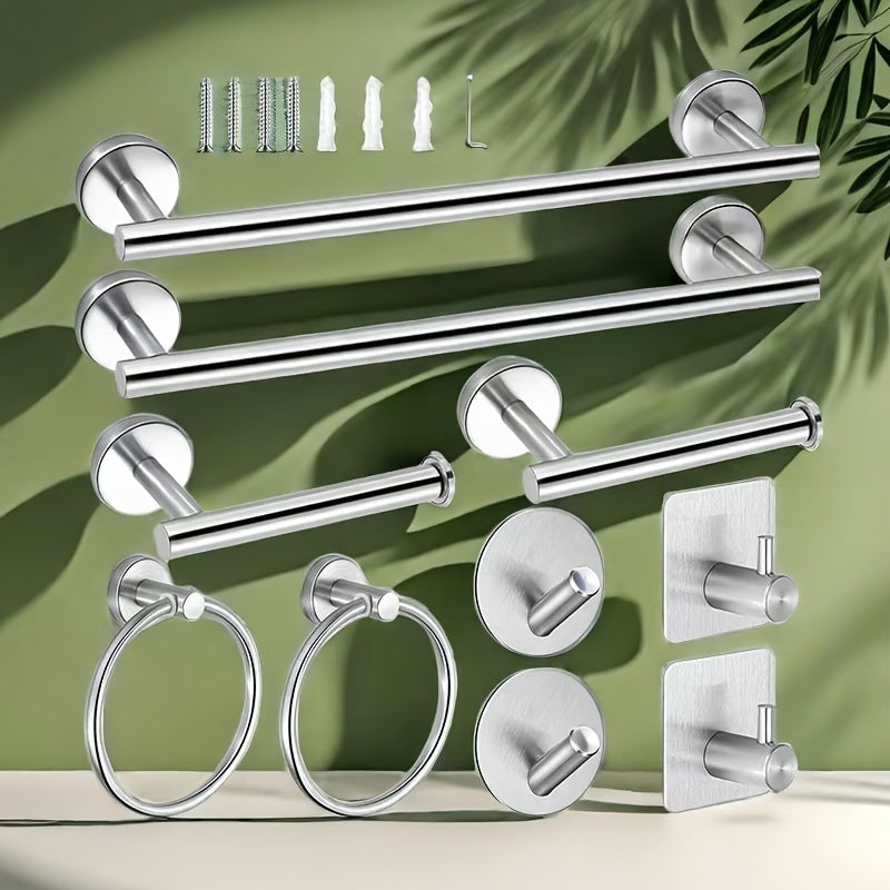 10-Piece Stainless Steel Bathroom Hardware Set No-Drill Mount Modern Hotel Style