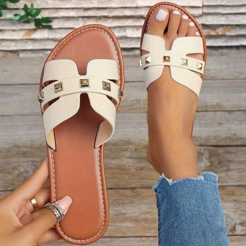 Women's Flat Sandals with Stud Detail and Bow Accent Open-Toe Casual Shoes