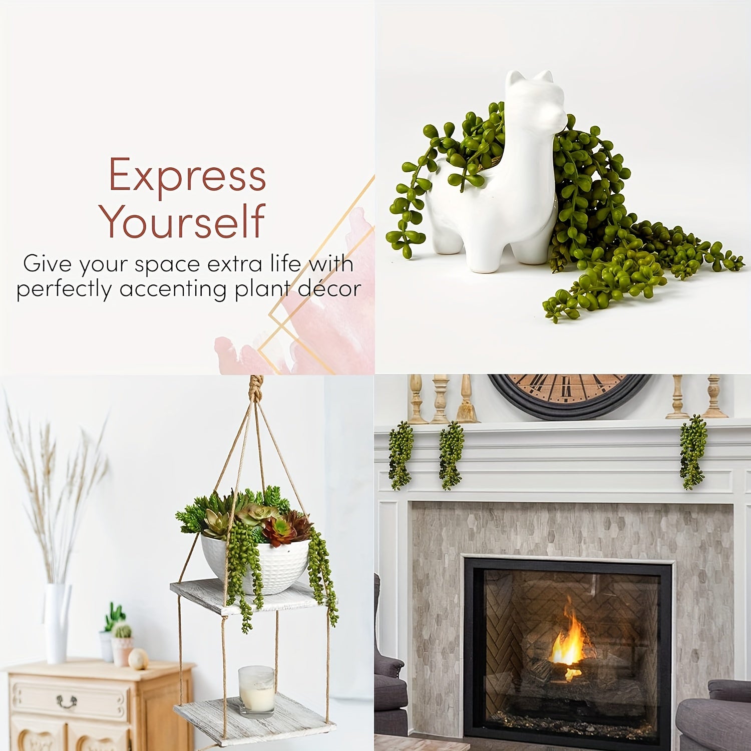 Faux Succulent Hanging Plant with Pearl String Wall Shelf Indoor Outdoor Decor