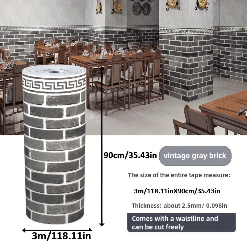 Waterproof PVC Vintage Gray Brick Wall Panel 3D Peel and Stick 90cm x 3m