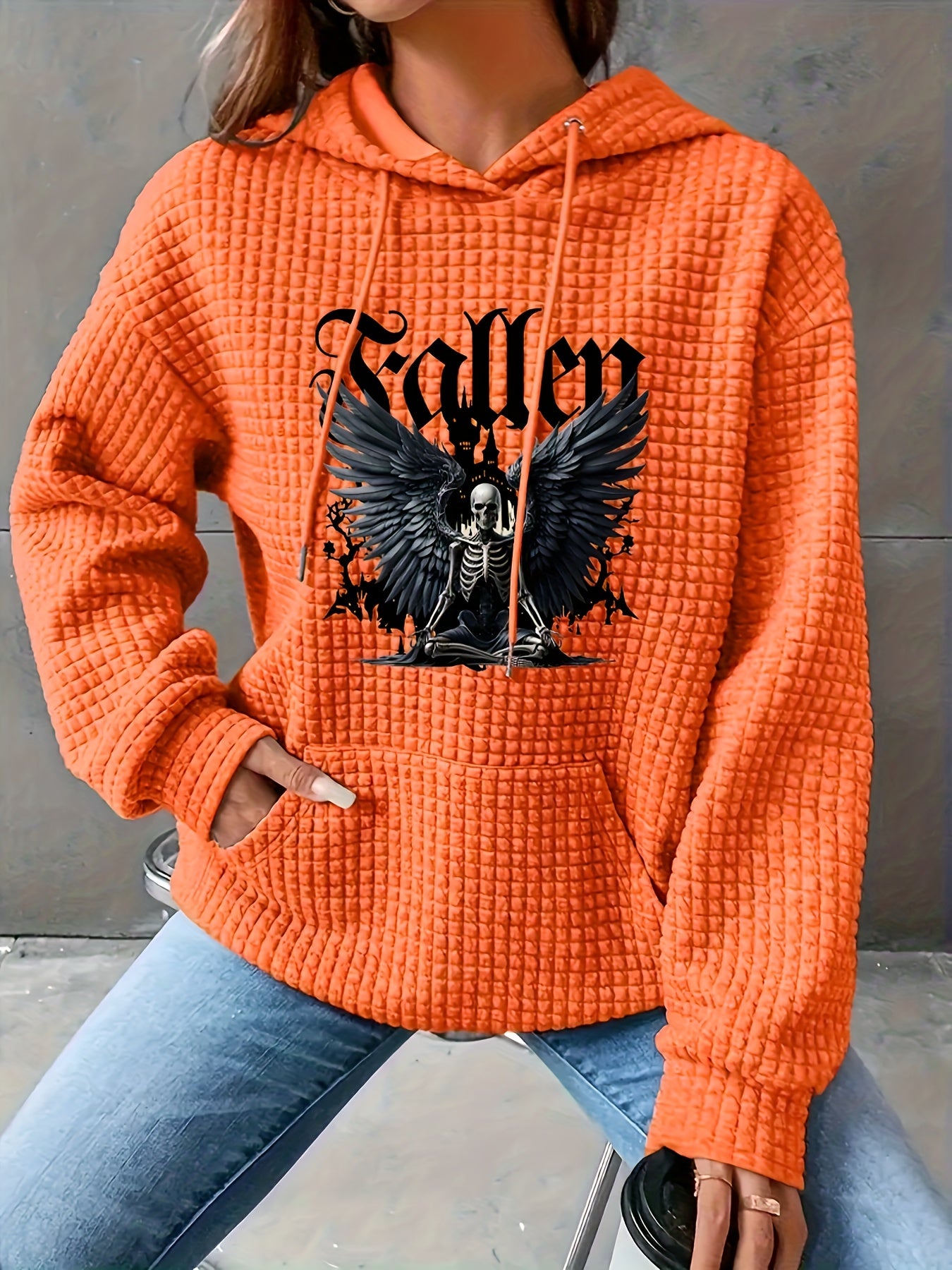 Plus Size Women's Hoodie Black Skull Wings Print Polyester Pullover Fall Winter