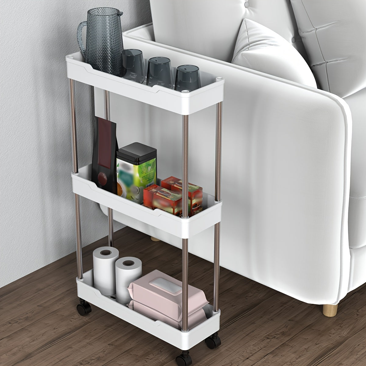 Slim Plastic Rolling Storage Cart with Adjustable Shelves for Bathroom Kitchen Laundry