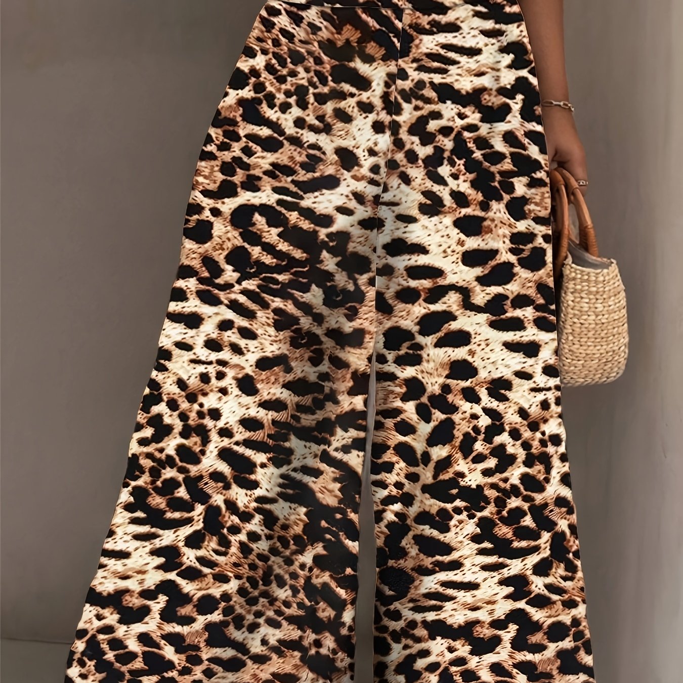 Pantalones anchos de leopardo de talla grande para mujer, de tela no elástica, para primavera y verano