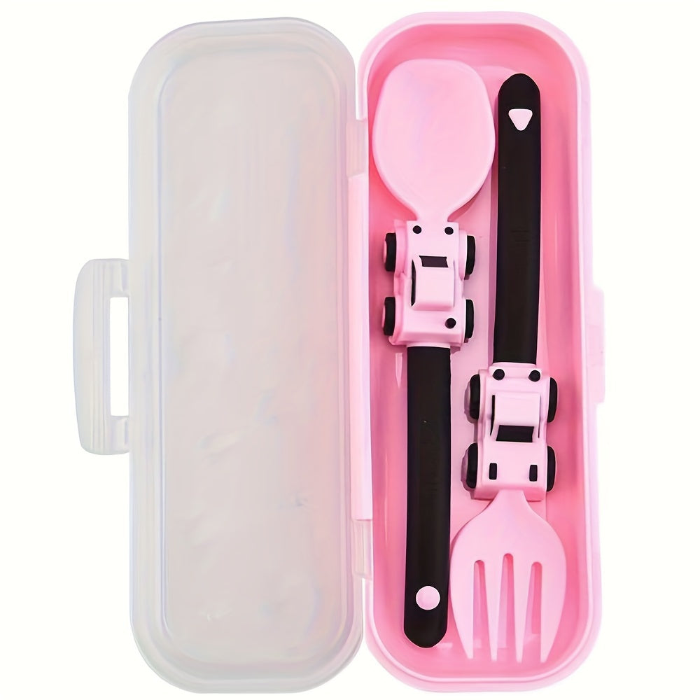 Kids' Cartoon Truck Fork and Spoon Set Non-Toxic Easy-Hold Feeding Utensils in Various Colors
