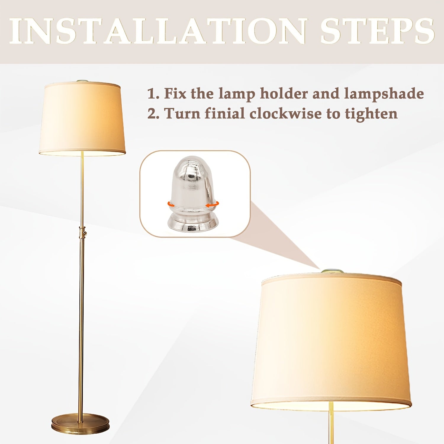 Zarif qattiq metall lampochka finiali qopqog'i, 1/4" ip bilan zamonaviy va ishonchli lampochka soyasi ulanishi uchun. Silliq silliq qoplama va oson burama o'rnatish.