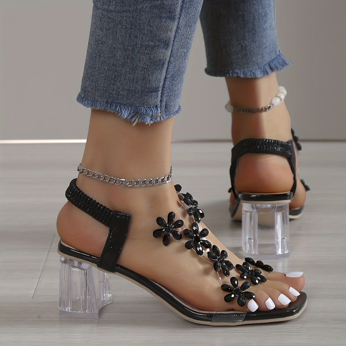 Women's Floral Block Heel Sandals with Pearl Accents All-Season Open Toe Ankle Strap