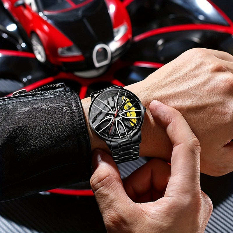Men's Sports Watch with Car Wheel Hub Caliper Design Steel Band Luminous Hollow Dial