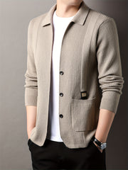 Men's V-Neck Cardigan Fall Winter Solid Color Knit with Pockets