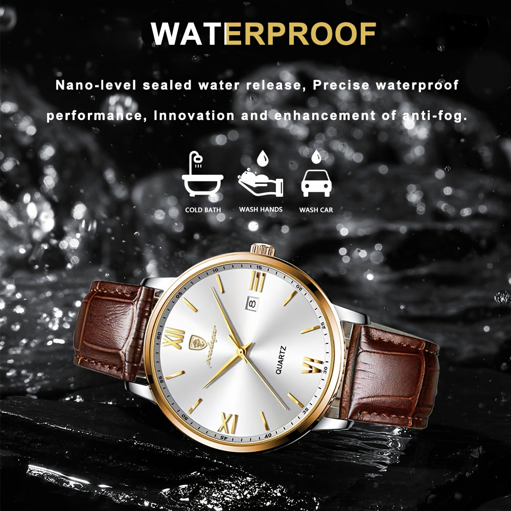 Men's Casual Quartz Watch with Luminous Calendar and PU Leather Band