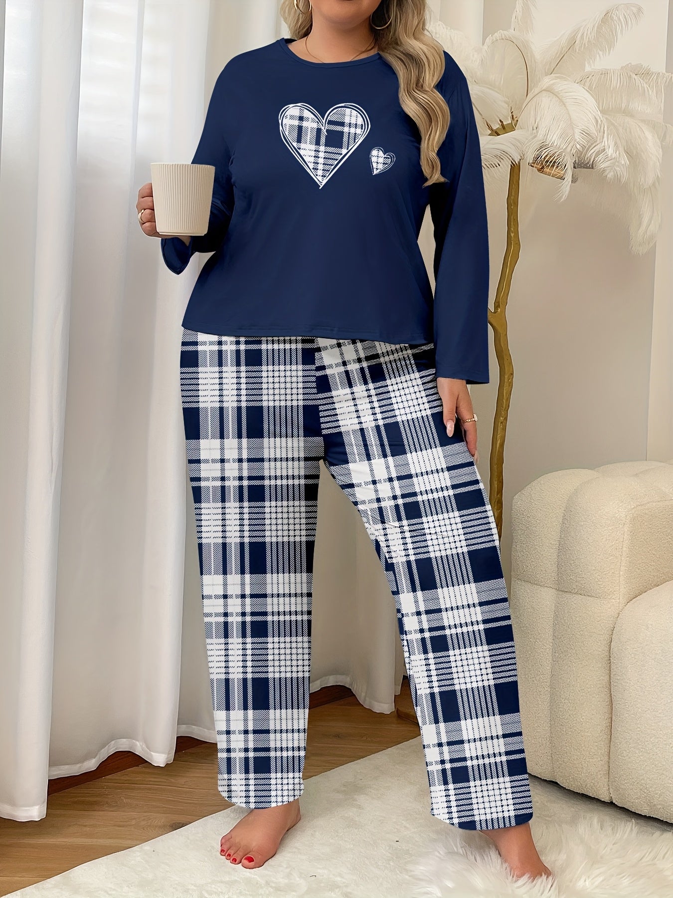 Plus Size Women's Pajama Set Heart Print Long Sleeve Top Plaid Pants Loungewear