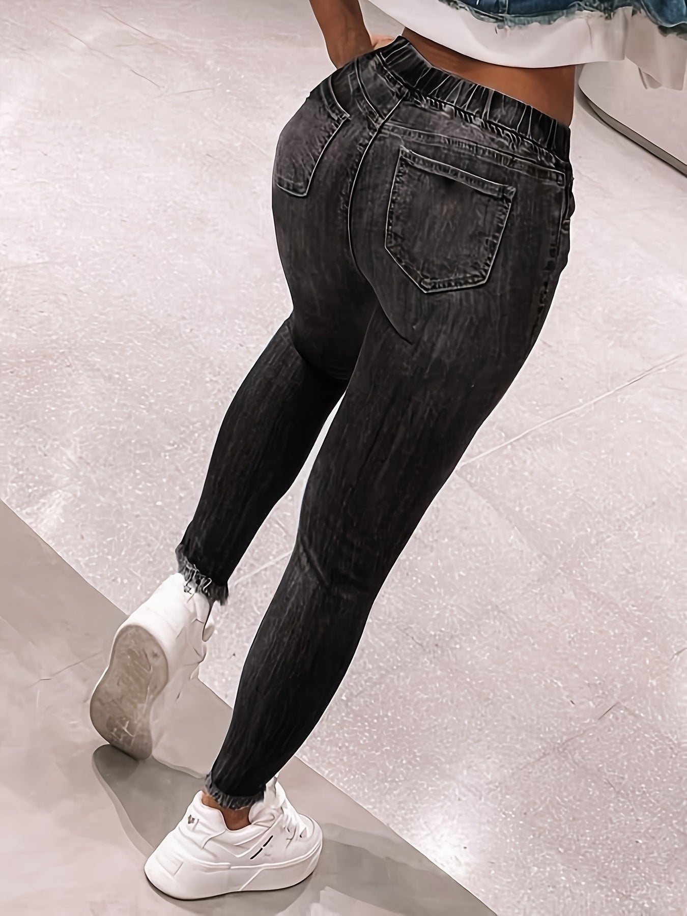 Plus Size Womens Bohemian Denim Pants with Elastic Waist Tight Fit