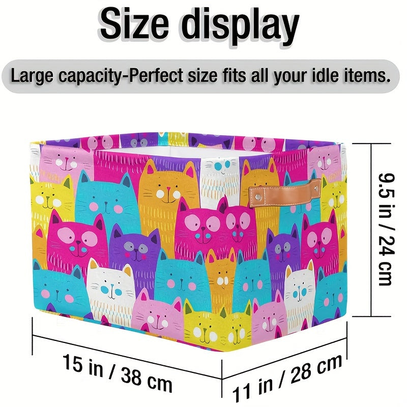 Colorful Fabric Storage Basket with Handles for Toys Books and Office Supplies Foldable Cube with Cat Design