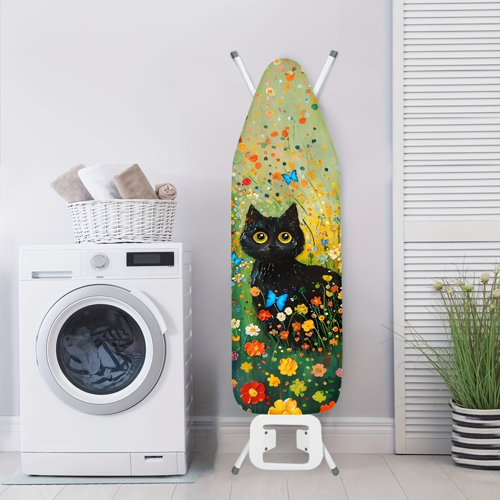 Ironing Board Cover with Elastic Edge Black Cat Floral Print Standard Size Dust-Proof Protector