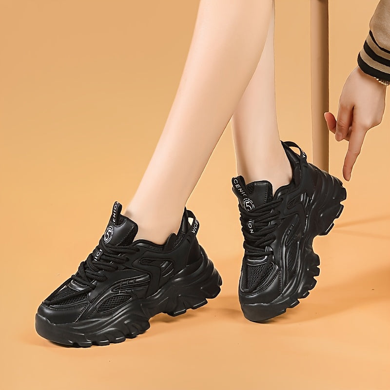 Ayollar uchun qora chunky sport poyabzali, nafas oladigan tarmoq, PVC, kundalik, pastki qism