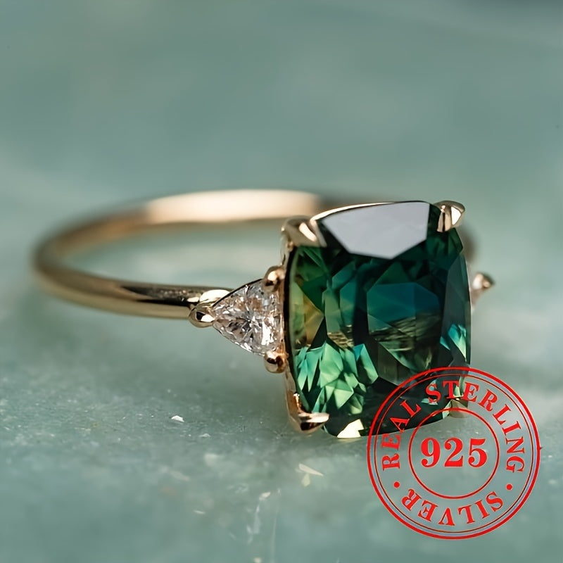 Sterling Silver Ring with Green Synthetic Gemstone for Women