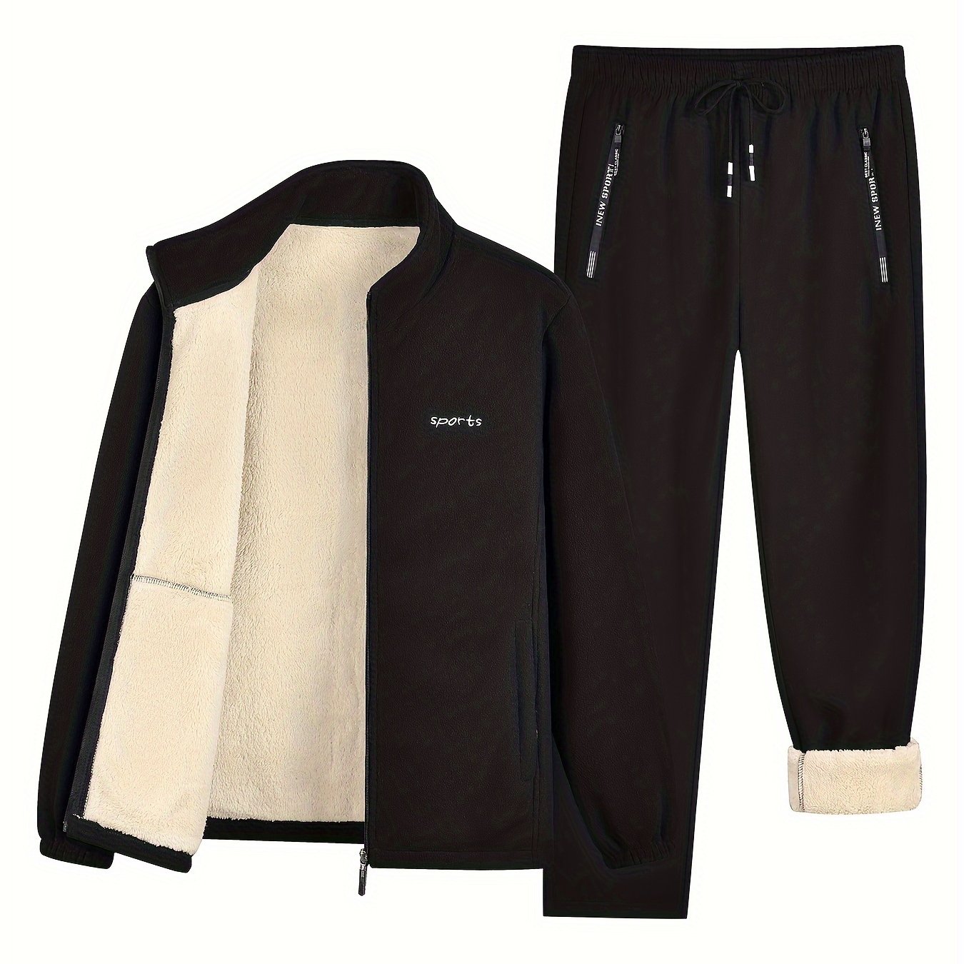 Men's Winter Fleece Set Long Sleeve Letters Pattern Casual Sports Warm Clothing