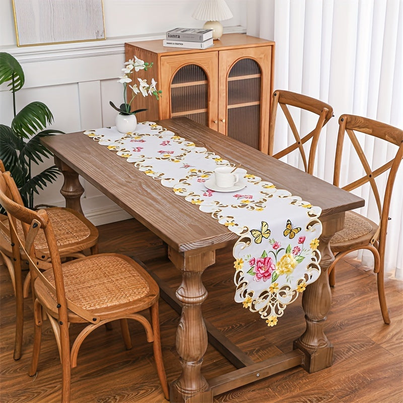 Polyester Table Runner with Hand-Cut Embroidered Flowers and Butterflies White Floral Decor
