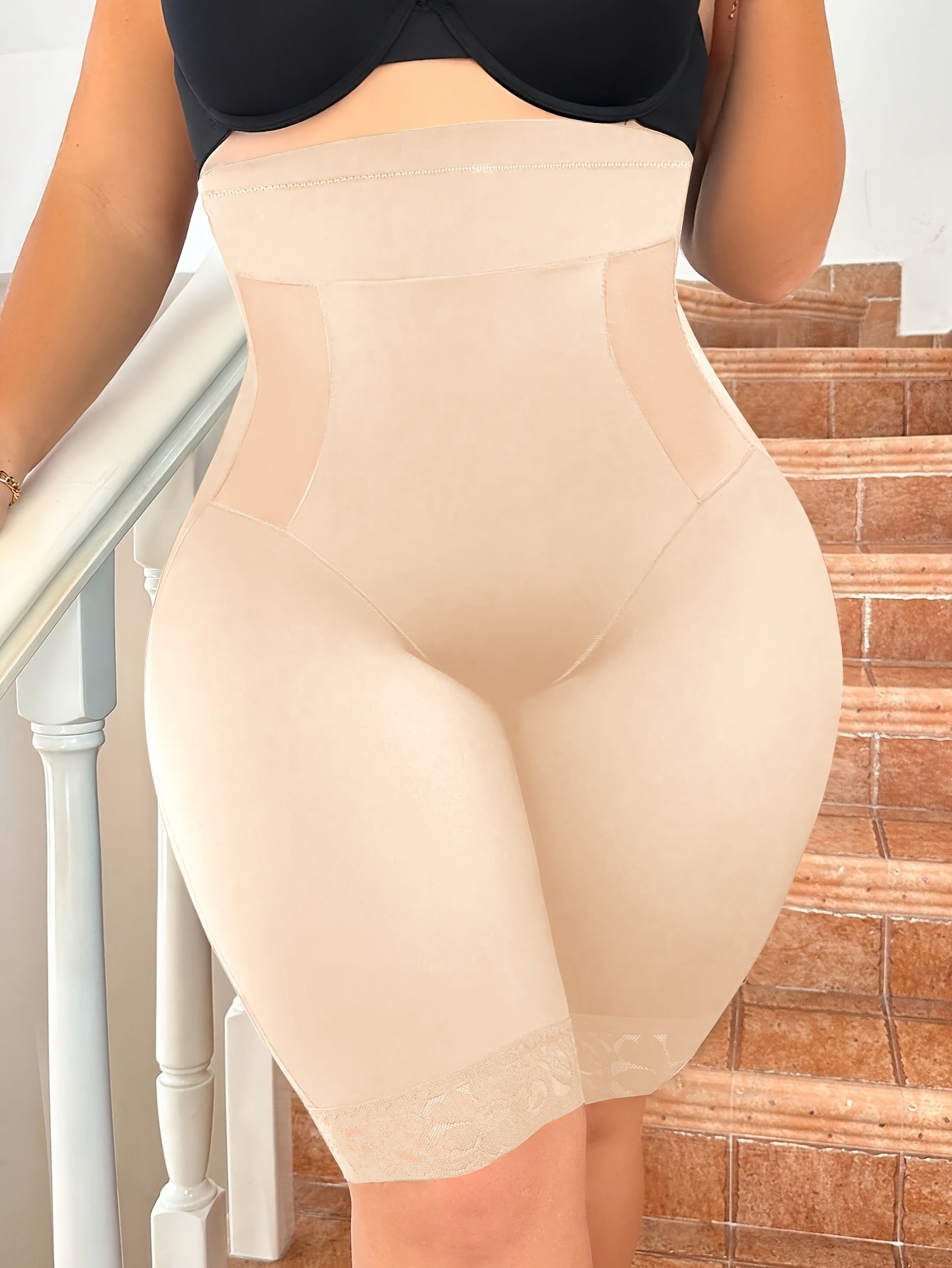 Plus Size Mid-Calf Shapewear with Hollow Design in Solid Color