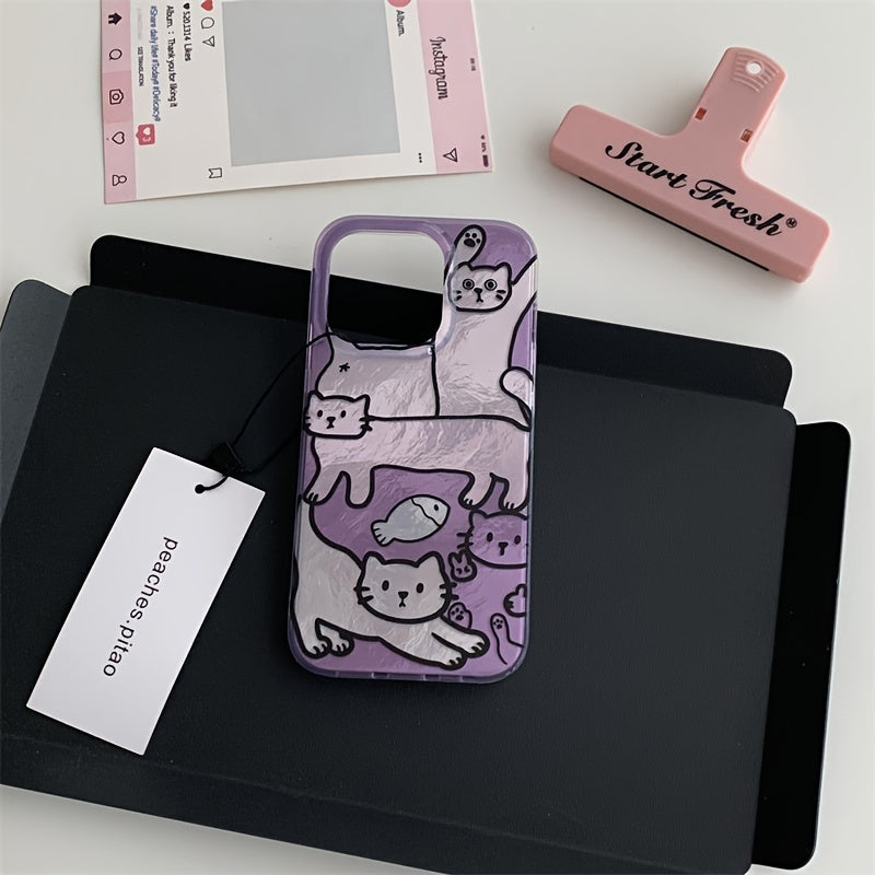 Purple Fish Cat Phone Case for iPhone 11-16 Pro Max with Folding Stand and Perforated Vortex Shell