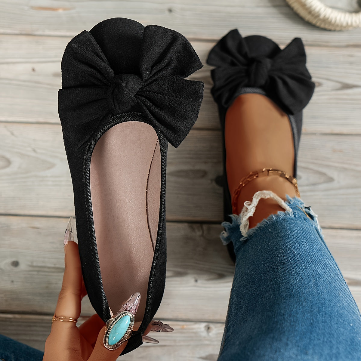 Women's Flannel Bow-Knot Flats Comfortable Slip-On Round Toe Shoes