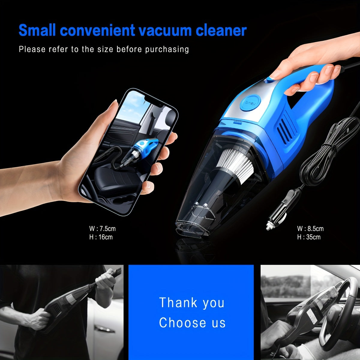 Ручной автомобильный пылесос с проводным сборщиком пыли, насадкой для щелей и всасыванием 6 кПа