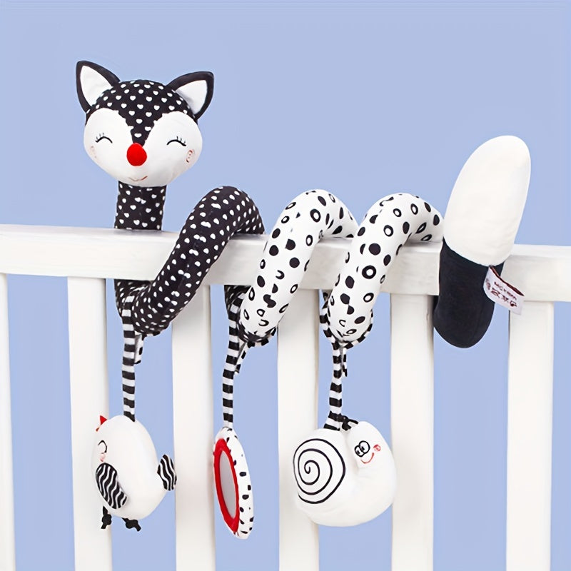 Baby Plush Toy Spiral Pendant with Black and White Cartoon Fox for Stroller and Soothing Baby Gift