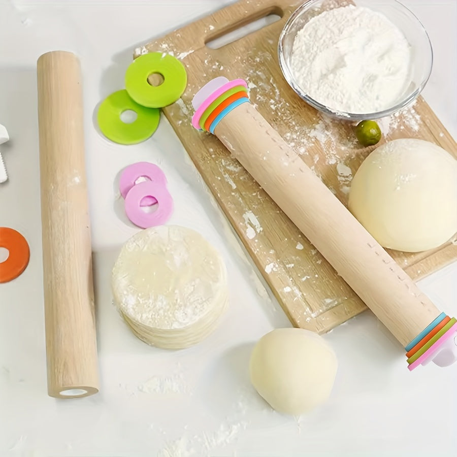Wooden Rolling Pin Set with Adjustable Rings for Baking and Holiday Cookies