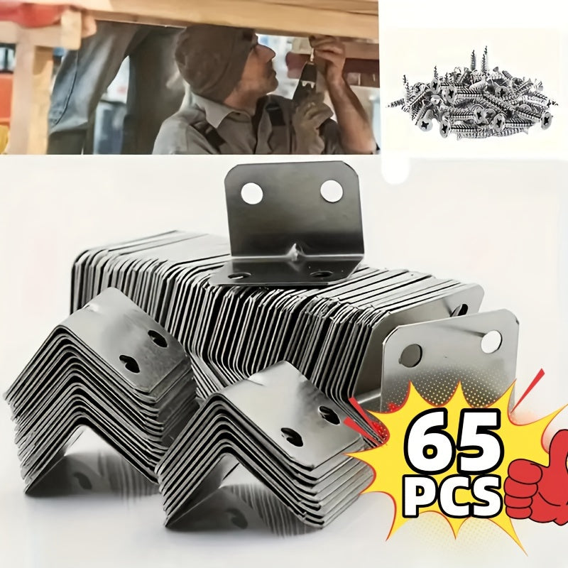 65 Pcs Metal L-Shaped Corner Braces Stainless Steel Right Angle Brackets
