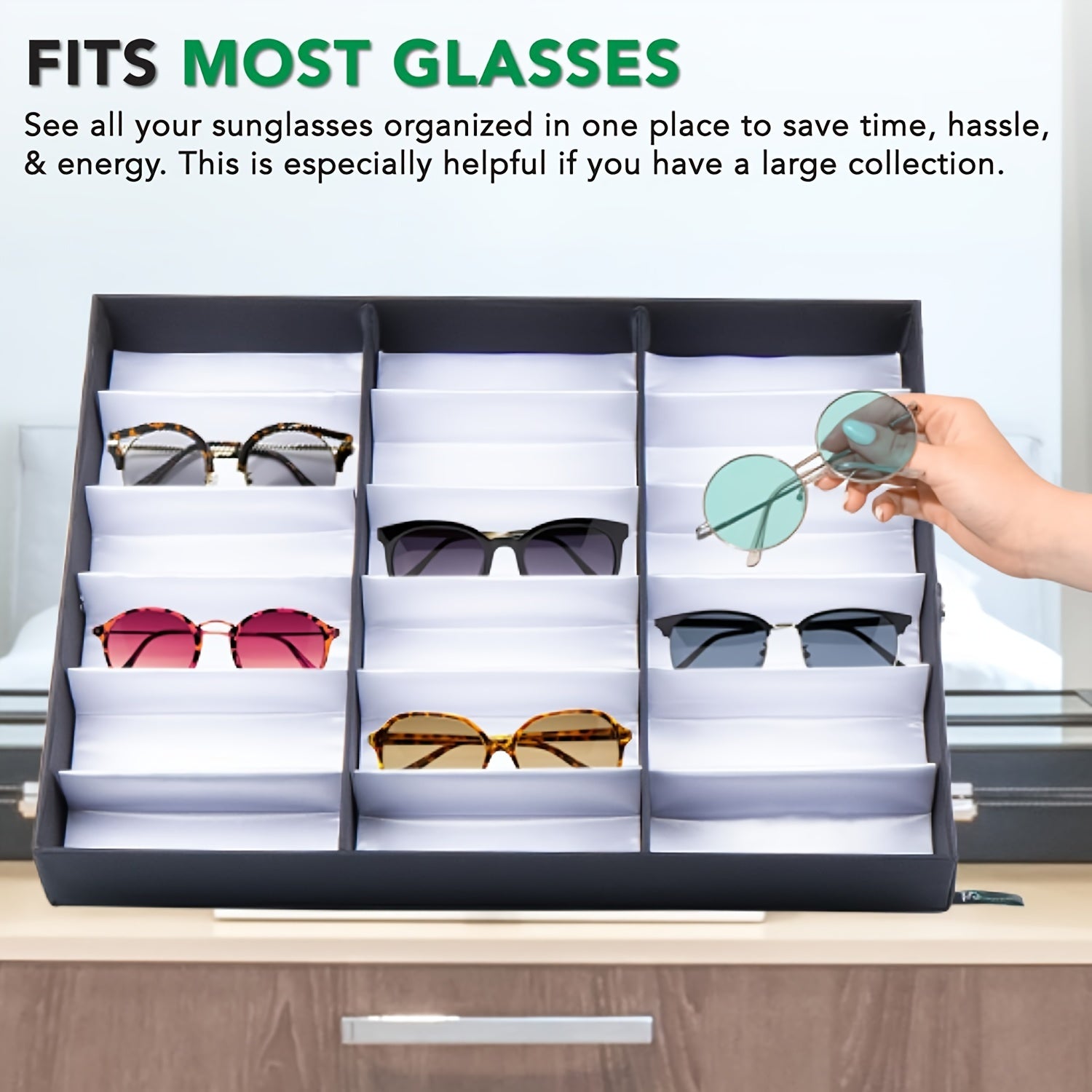 Upgraded 18-Slot Glasses Organizer with Clear Lid Fabric Lining and Snap Closure