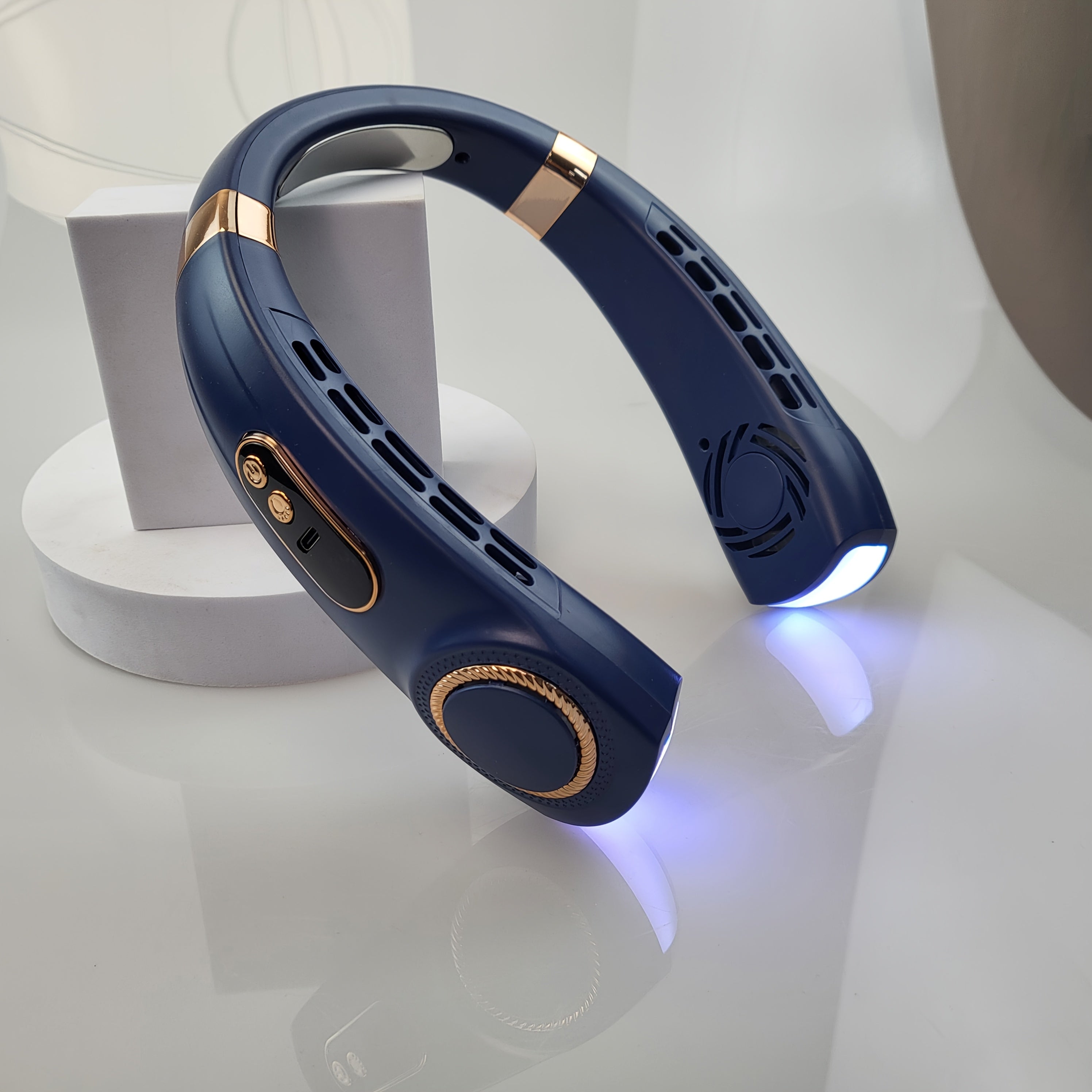 Mini Neck Fan with 5-Speed USB Charging, Colorful LED Lights, 360° Cooling for Outdoor Activities