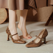 Women's Plus Size Leopard Print Pointed Toe Heeled Shoes with Ankle Strap