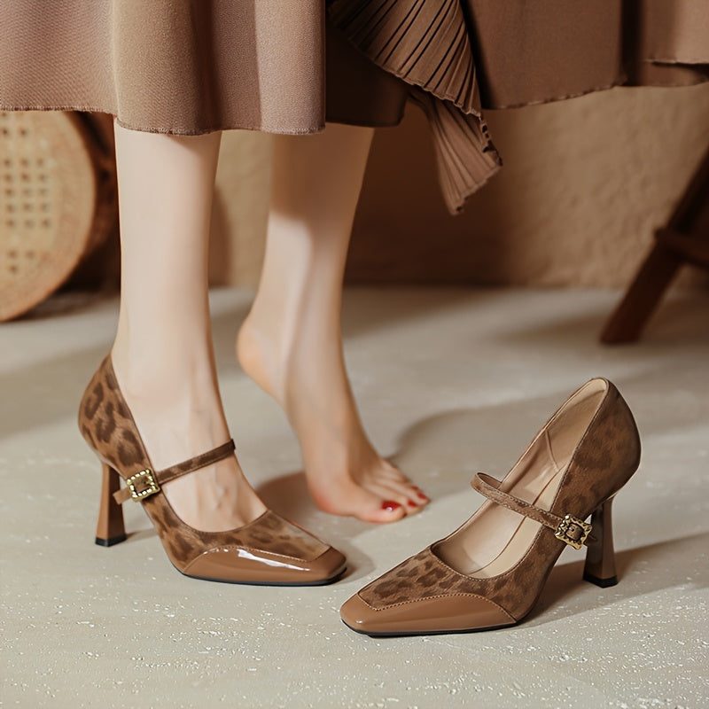 Women's Plus Size Leopard Print Pointed Toe Heeled Shoes with Ankle Strap