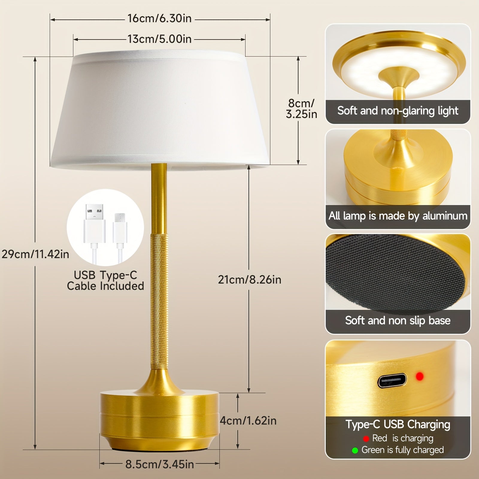 Rechargeable Metal Table Lamp with Touch Control, 3 Color Temperatures, Stepless Dimming, Removable Shade