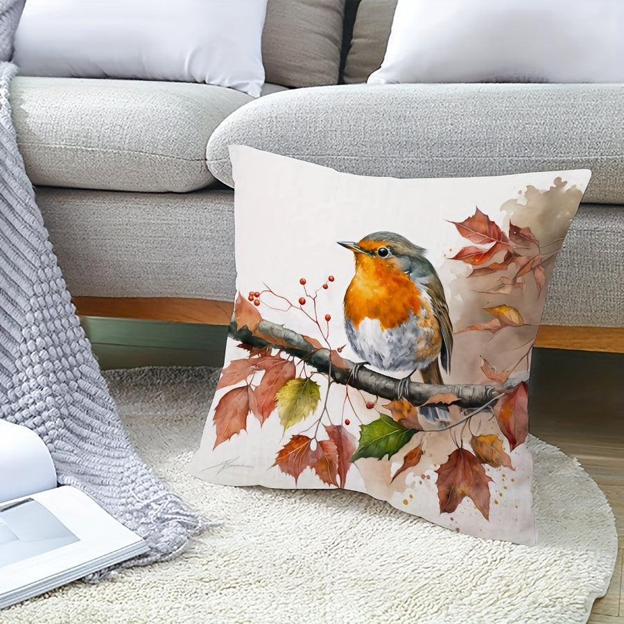 Autumn Robin Watercolor Decorative Pillow Cover Polyester Zipper Machine Washable