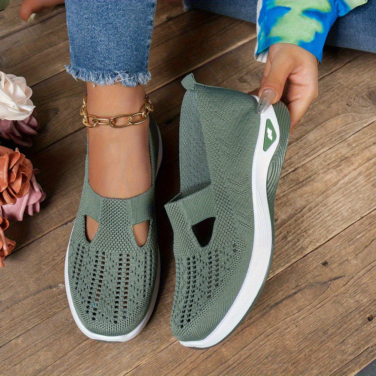 Ayollar uchun nafas oladigan tarmoqli slip-on sport poyabzali, engil yurish uchun, rezina taglik