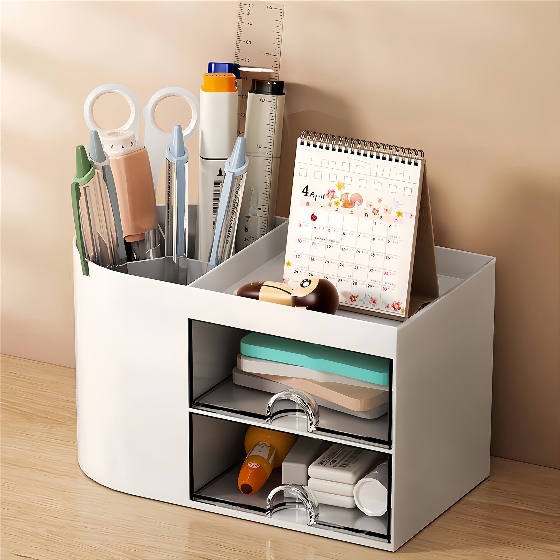 Organizador de escritorio de plástico blanco con doble cajón, soporte para bolígrafos, almacenamiento para maquillaje y joyas